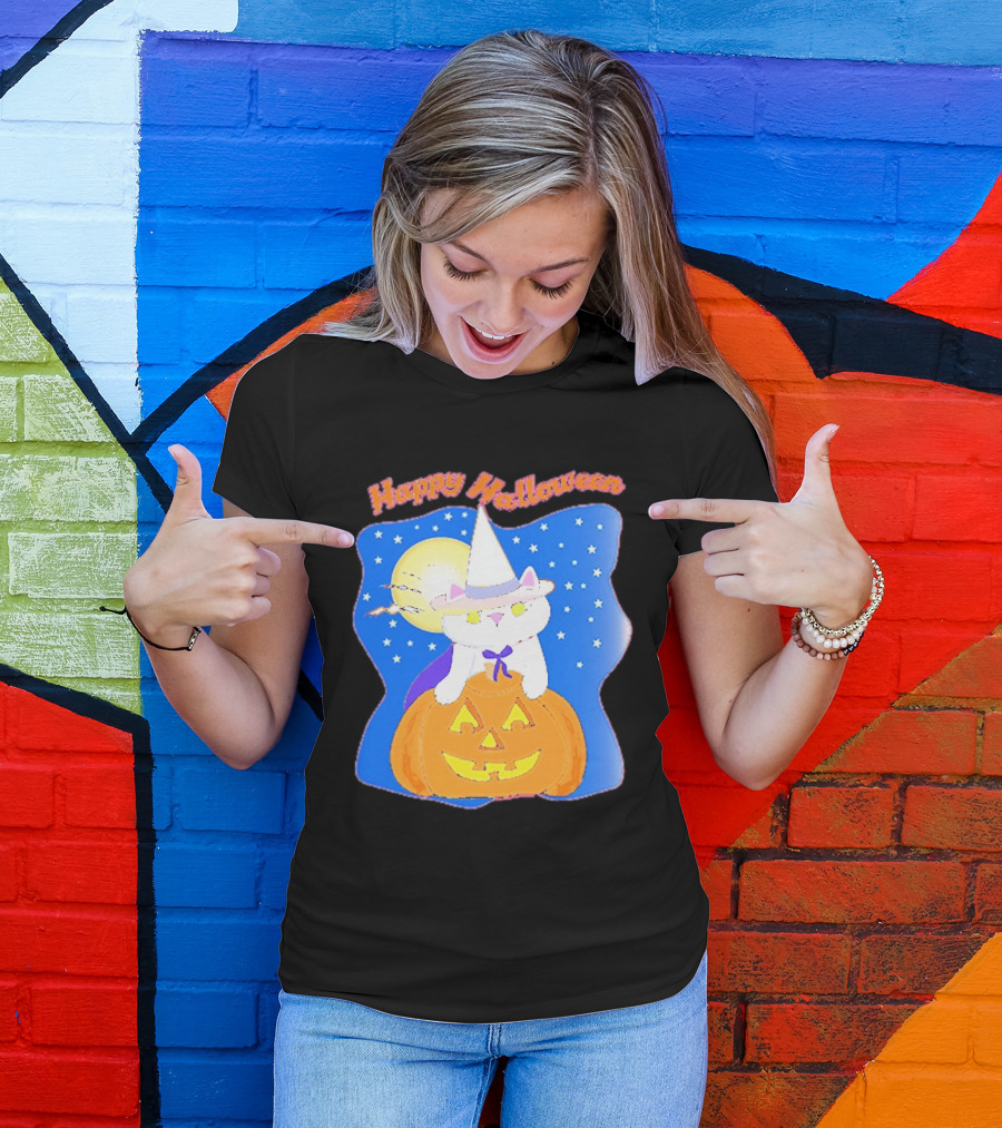 Happy Halloween Cat Witch On Pumpkin With Full Moon And Stars T-Shirt