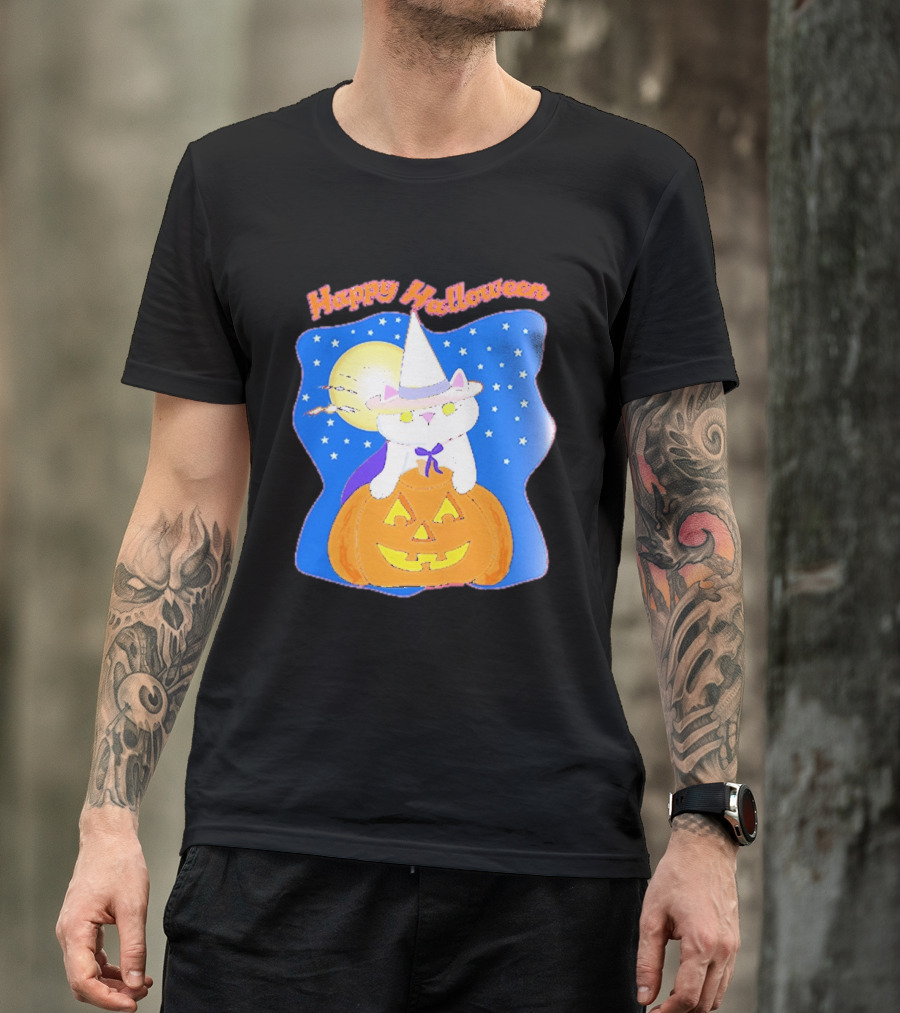 Happy Halloween Cat Witch On Pumpkin With Full Moon And Stars T-Shirt