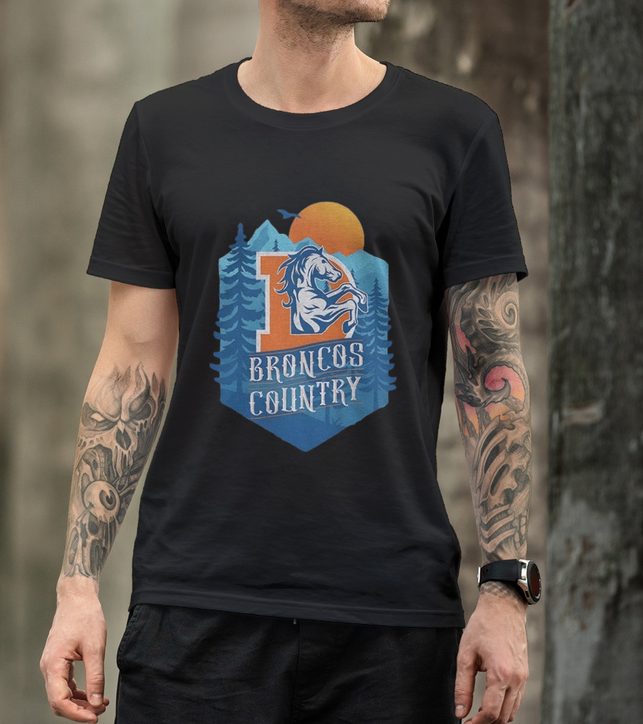 Denver Broncos Country Logo Football Mountain Sunset T-Shirt