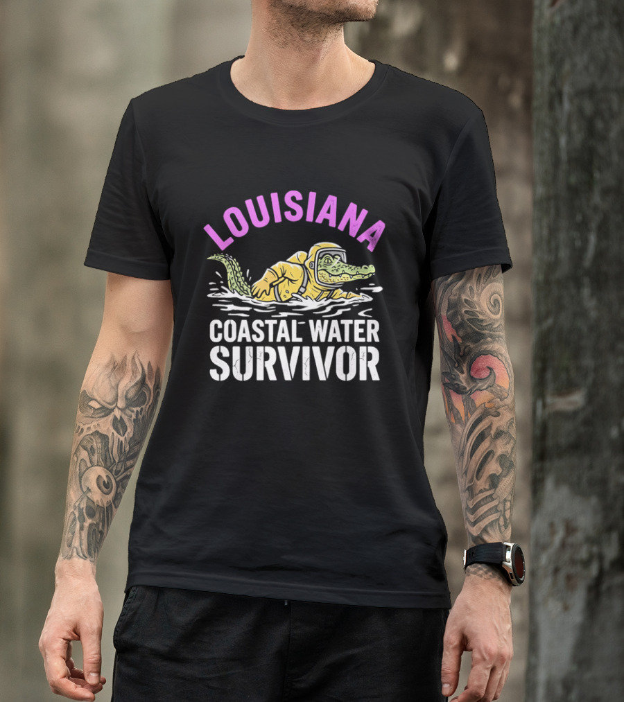 Louisiana Coastal Water Survivor Cartoon Alligator Yellow Hazmat Suit T-Shirt