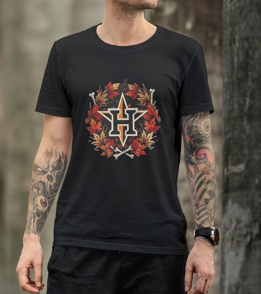 Houston Astros Halloween Maple Leaves Skull Crossed Bats Baseballs T-Shirt