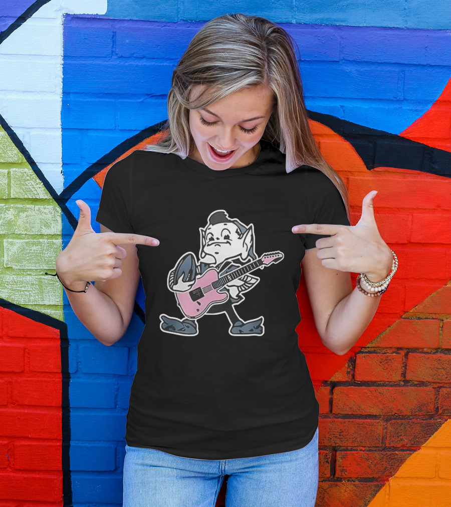 Cleveland Browns Elf Holding Football And Pink Electric Guitar T-Shirt