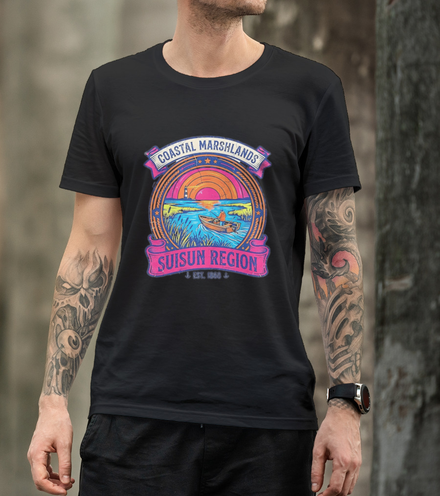 Coastal Marshlands Suisun Region Established 1868 Distressed Sunset Lighthouse Fisherman Boat Marsh T-Shirt