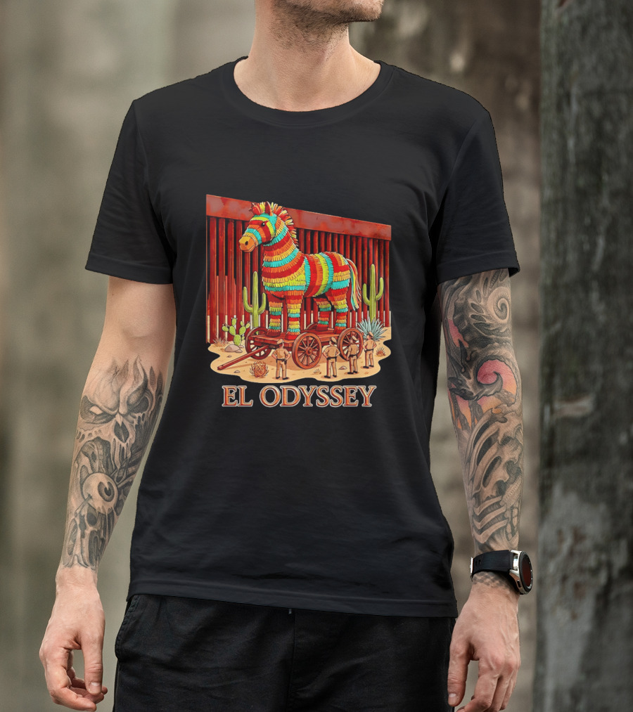 El Odyssey Piñata Horse Statue At Border With Cacti And Soldiers T-Shirt
