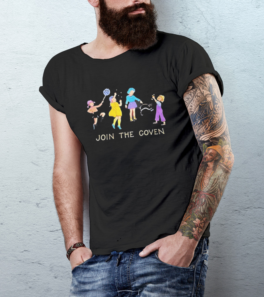 Join The Coven Funny Retro Witchy Kids Playing With Black Cat T-Shirt