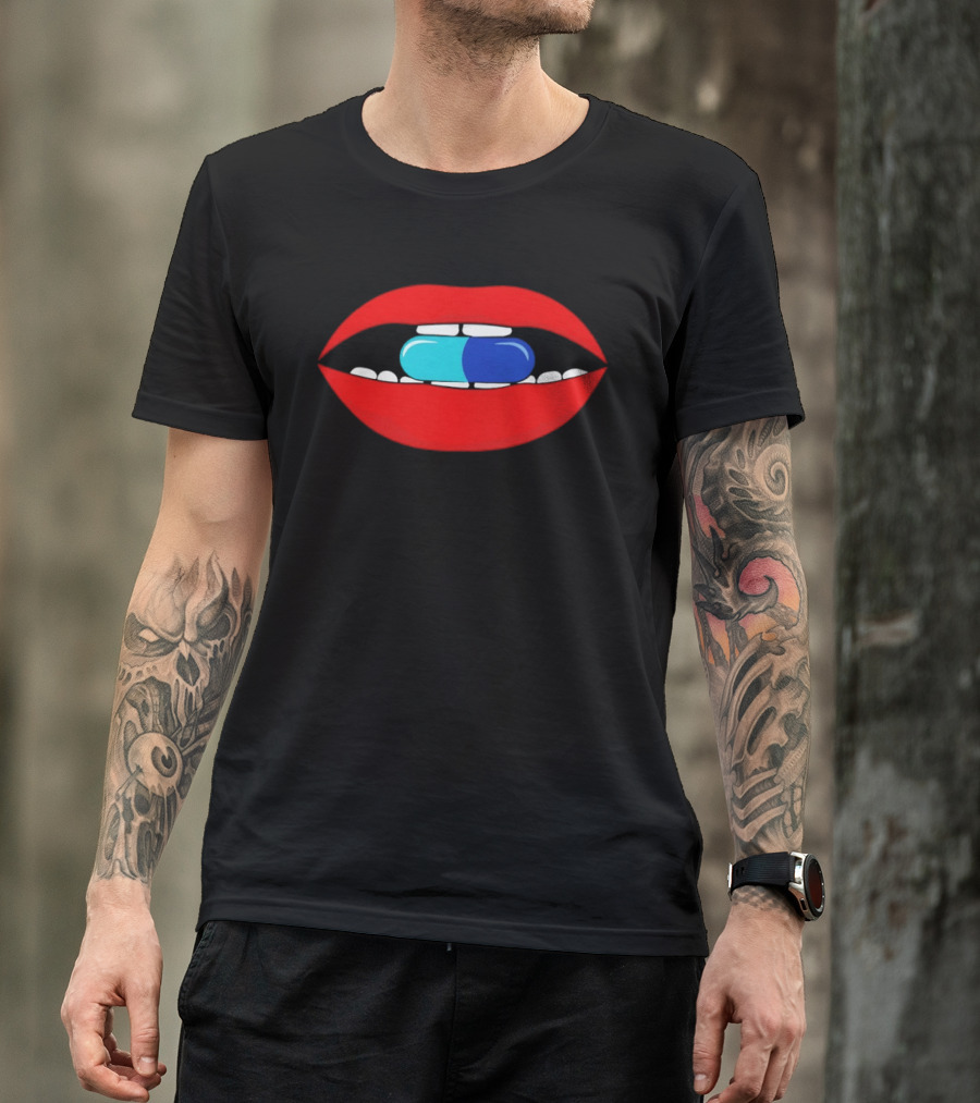 Red Lips Blue And Cyan Pill Bite T-Shirt