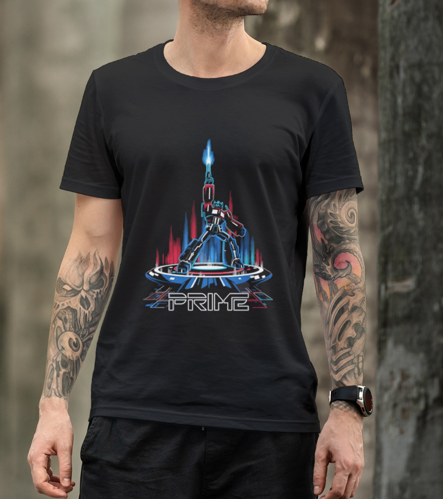 Prime Neon Robot Raising Glowing Light Beam Circular Platform T-Shirt