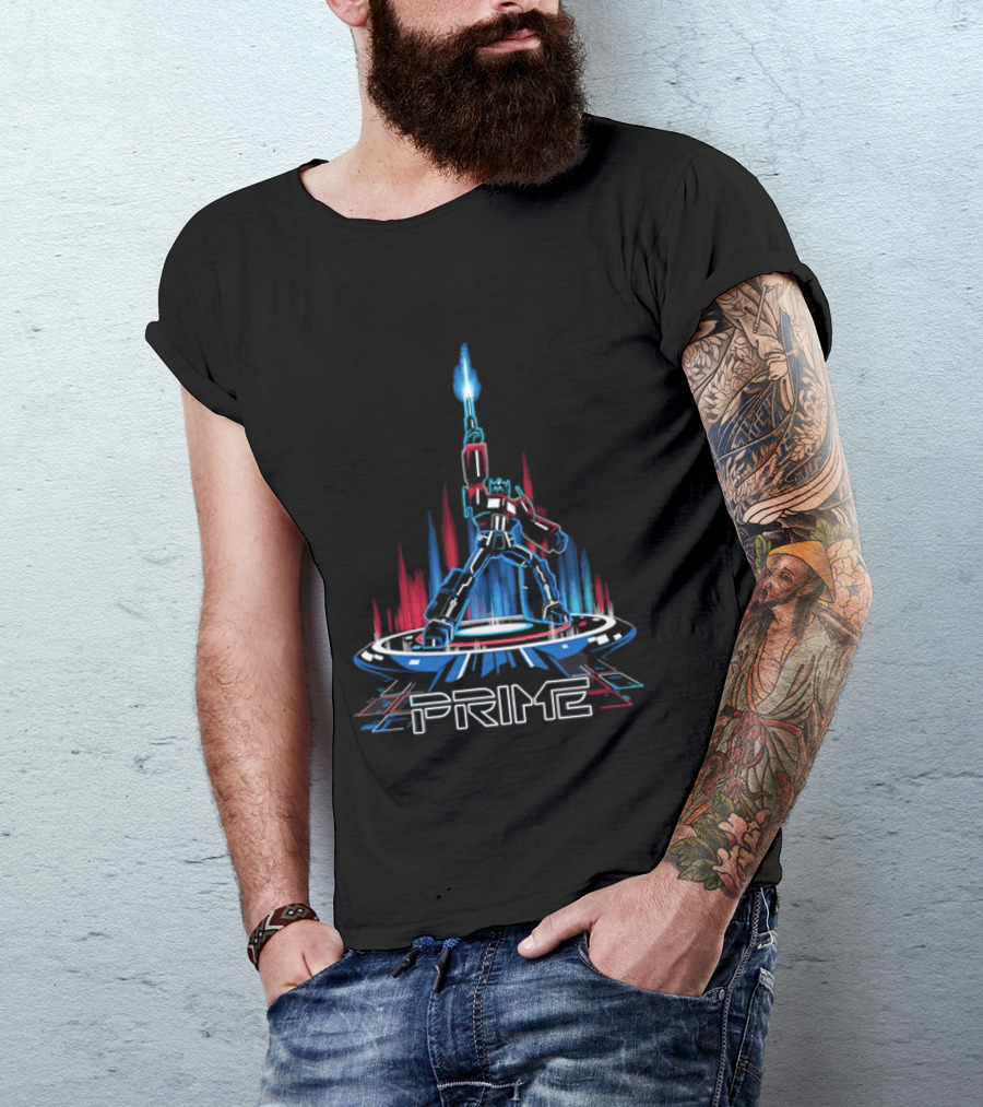 Prime Neon Robot Raising Glowing Light Beam Circular Platform T-Shirt