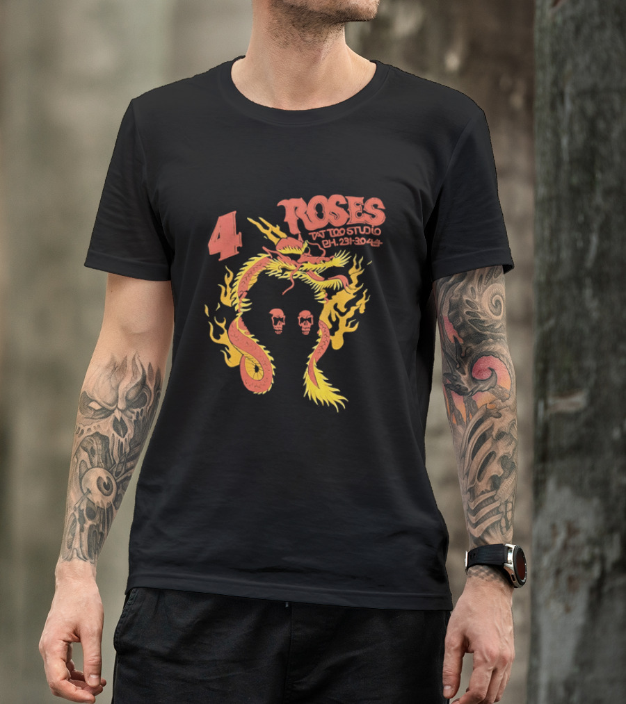 4 Roses Tattoo Studio Ph 231 3044 Dragon Yellow Flames Red Skulls T-Shirt