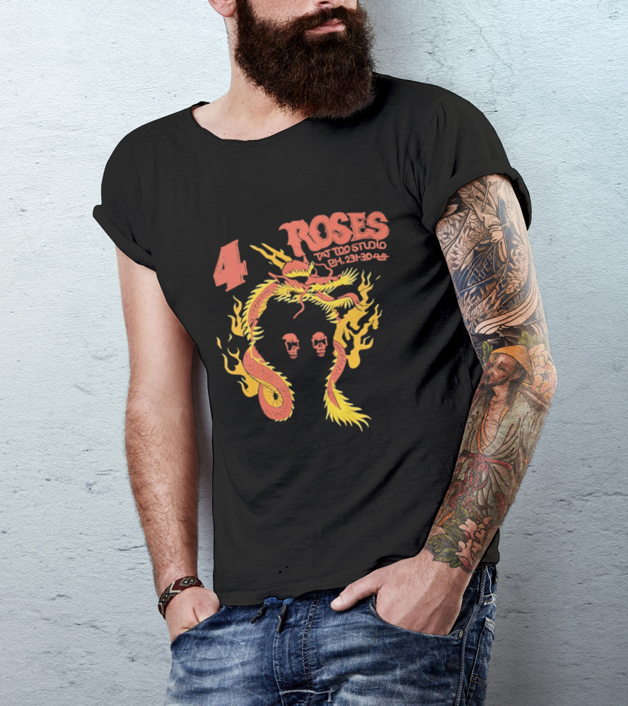 4 Roses Tattoo Studio Ph 231 3044 Dragon Yellow Flames Red Skulls T-Shirt