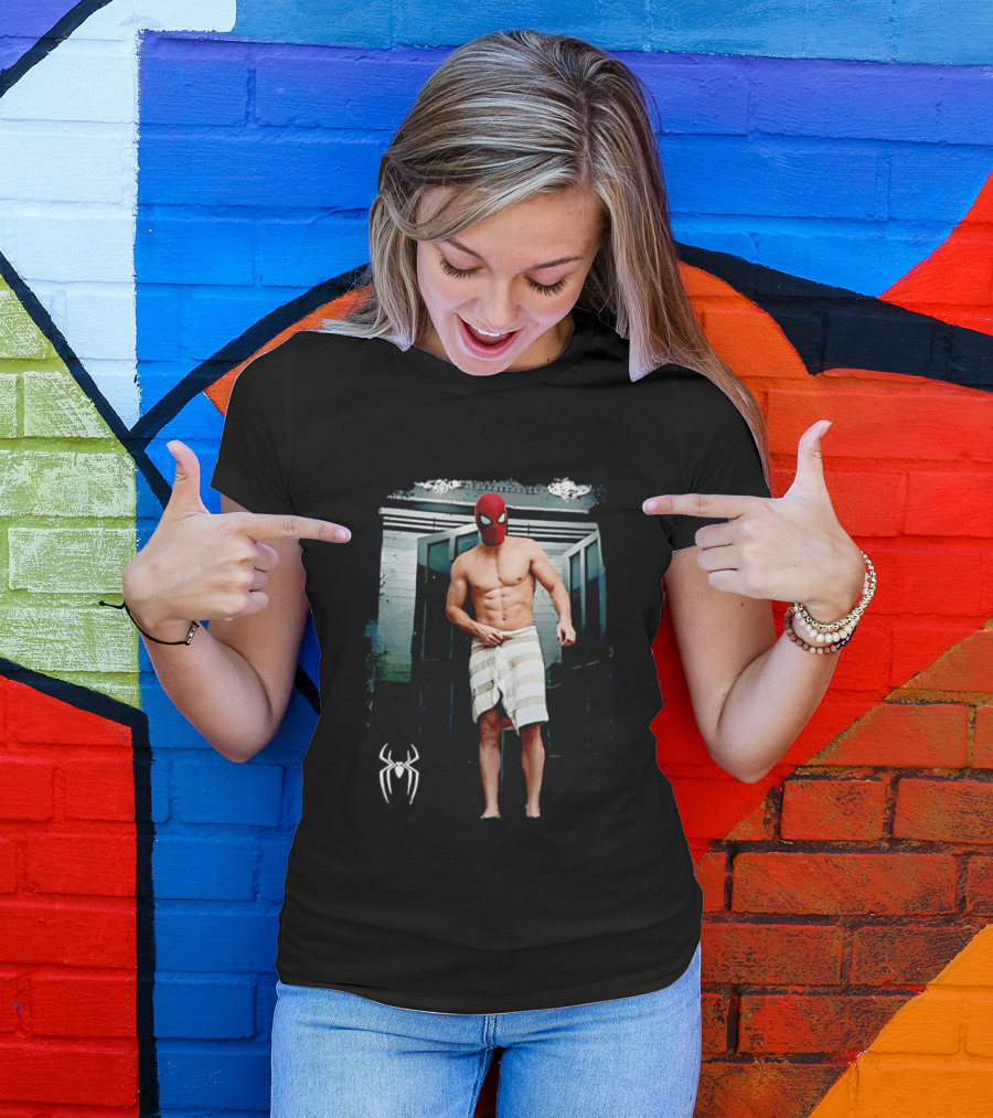 Spider Man Masked Figure In Towel Scene With Iconic White Spider T-Shirt