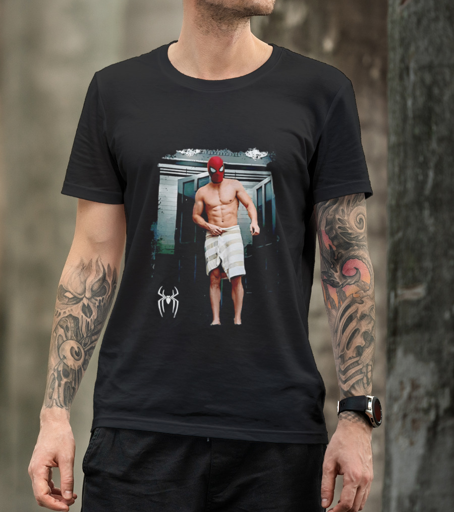 Spider Man Masked Figure In Towel Scene With Iconic White Spider T-Shirt