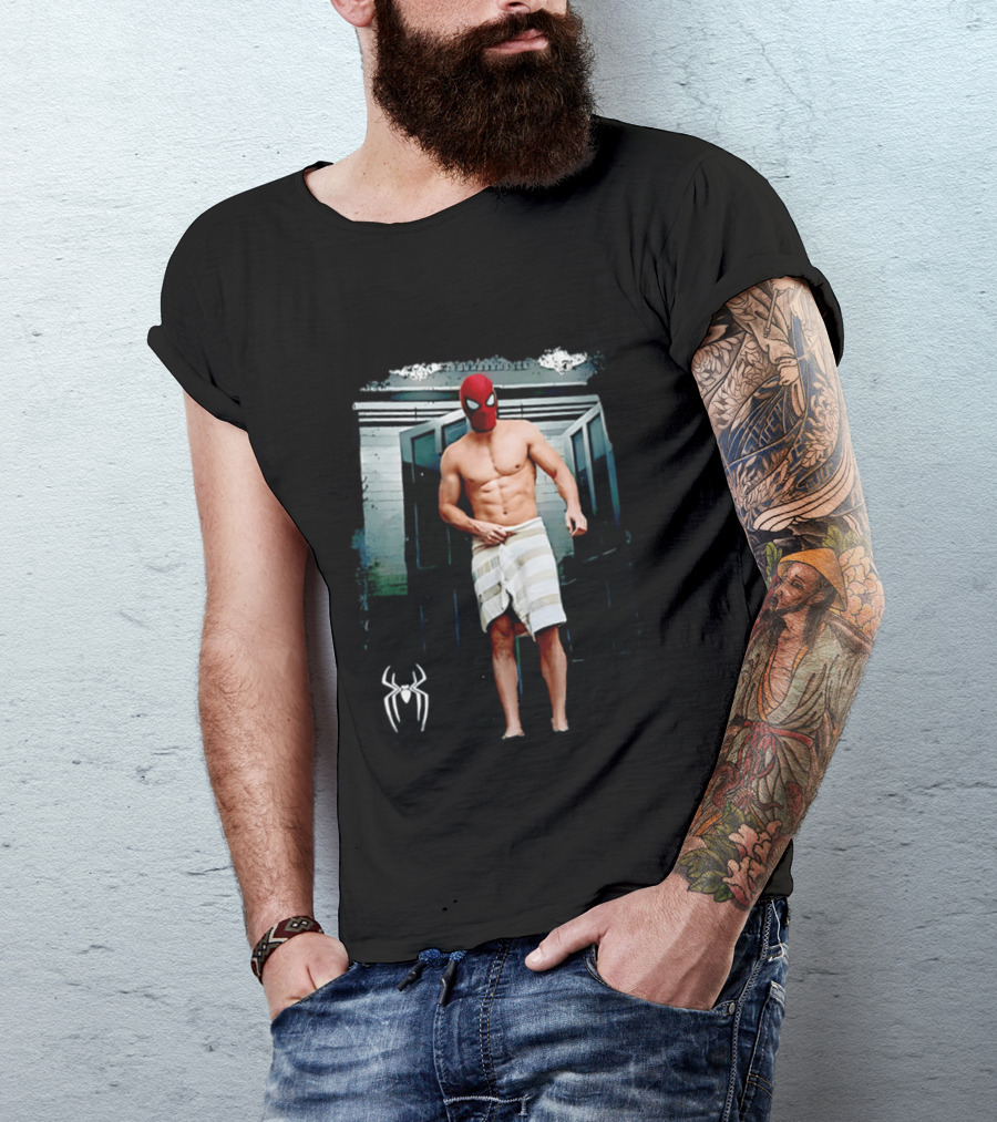 Spider Man Masked Figure In Towel Scene With Iconic White Spider T-Shirt