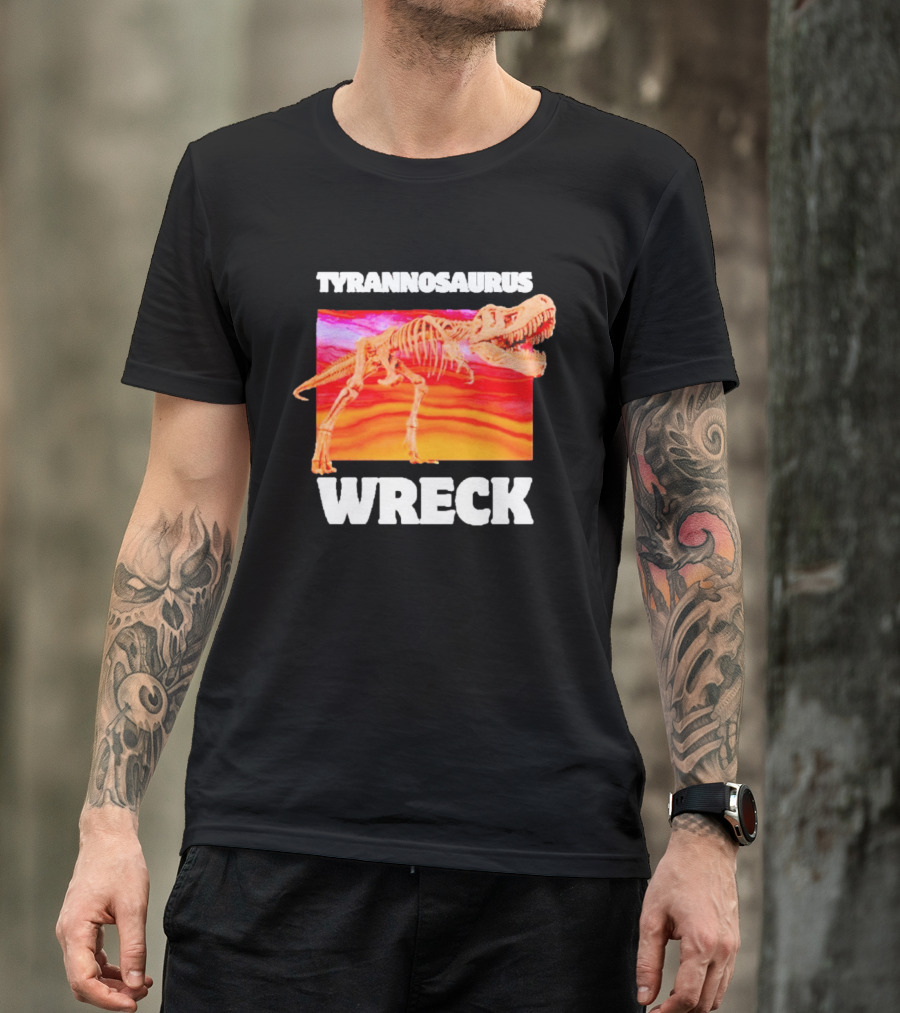 Tyrannosaurus Wreck Dinosaur Pun With Rex Skeleton On Sunset T-Shirt