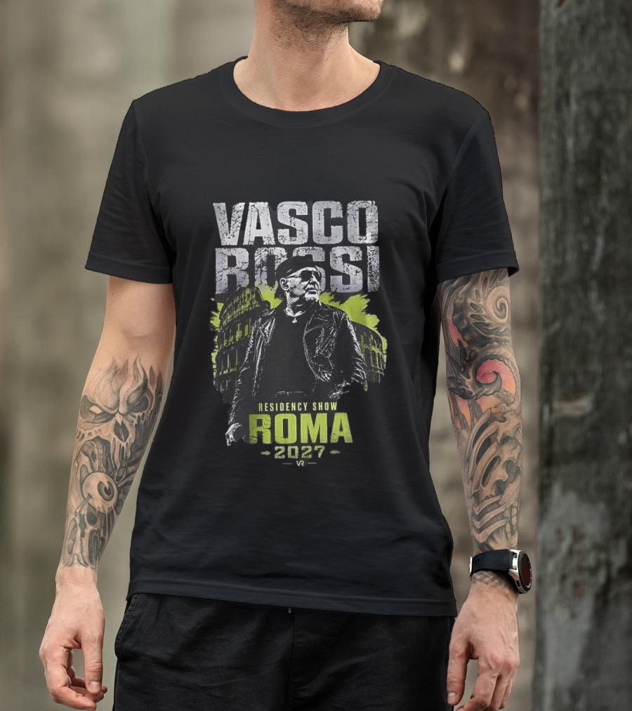 Vasco Rossi Residency Show Roma 2027 Black Leather Jacket Iconic Performance T-Shirt