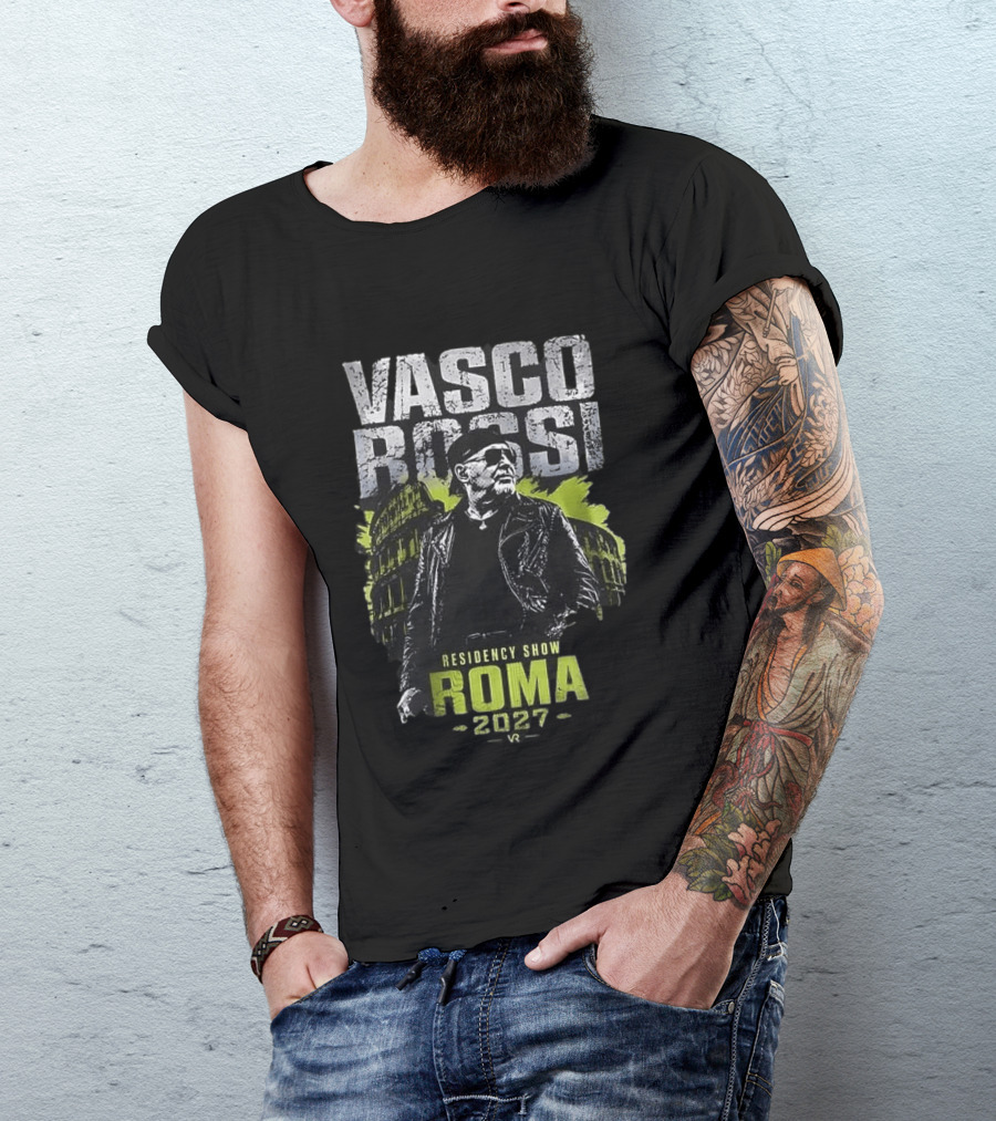 Vasco Rossi Residency Show Roma 2027 Black Leather Jacket Iconic Performance T-Shirt