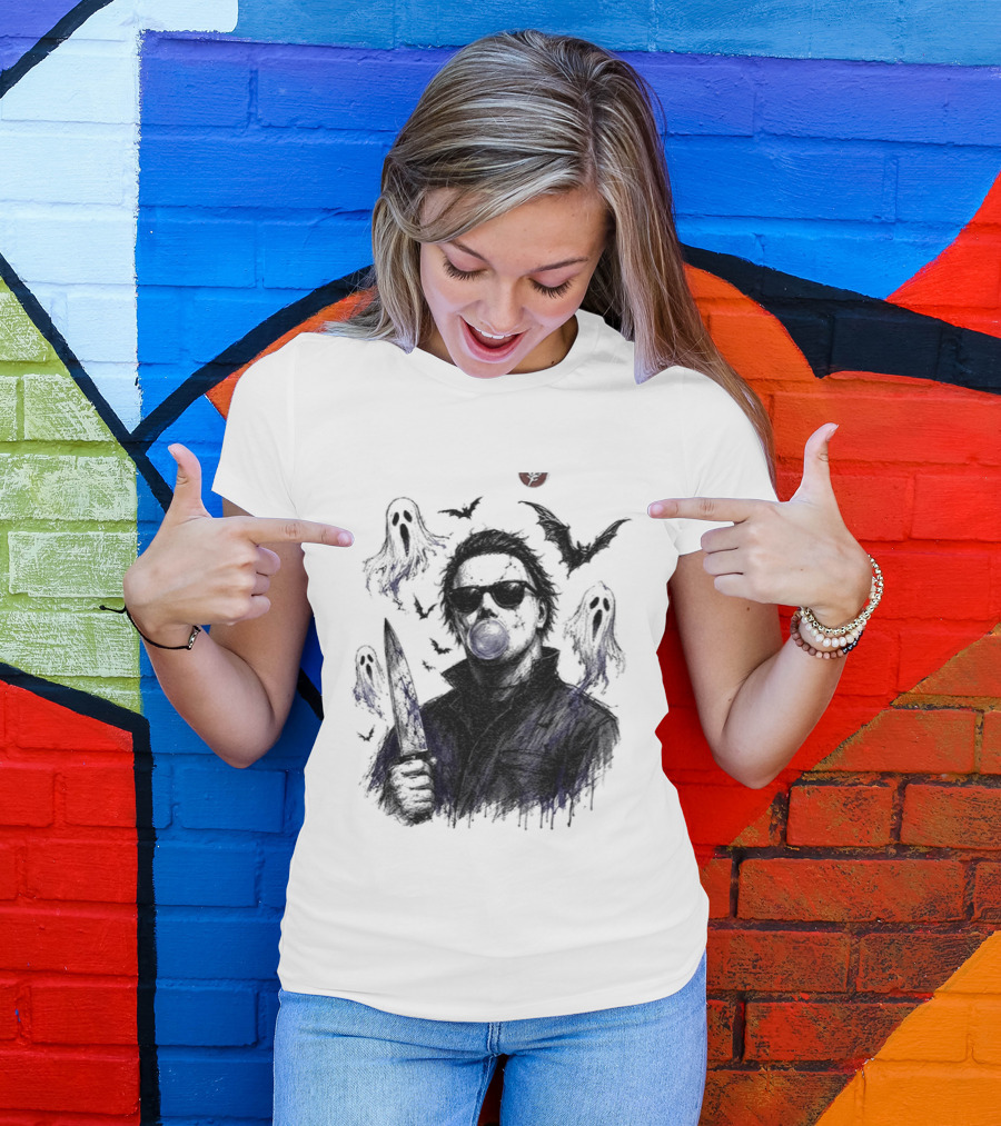 Michael Myers Bubble Gum Slasher Spooky Season Movie Ghosts And Bats T-Shirt