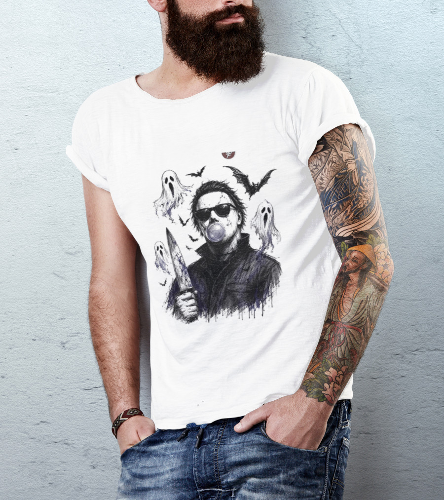 Michael Myers Bubble Gum Slasher Spooky Season Movie Ghosts And Bats T-Shirt