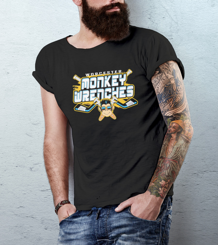 Worcester Monkey Wrenches Hockey Player Monkey With Crossed Wrenches And Hockey Sticks T-Shirt