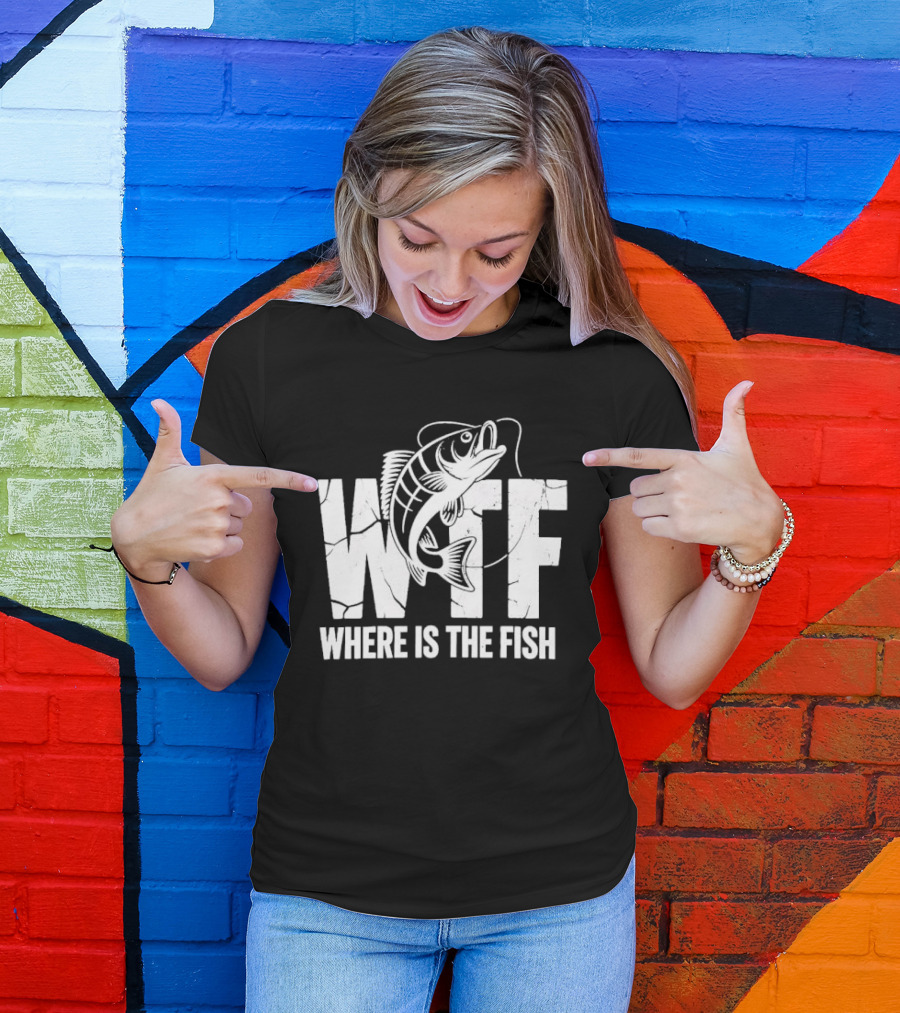WTF Where Is The Fish Jumping Bass Line Distressed Cracked Fishing Humor T-Shirt