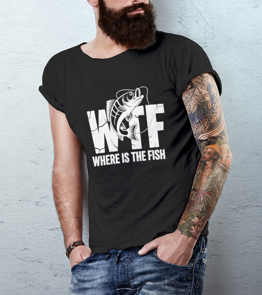 WTF Where Is The Fish Jumping Bass Line Distressed Cracked Fishing Humor T-Shirt
