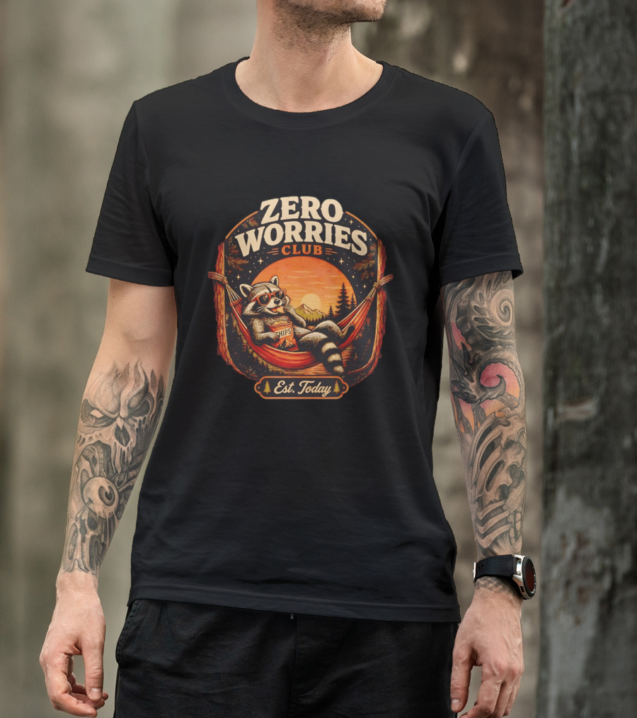 Zero Worries Club Raccoon Relaxing In Hammock Eating Chips At Sunset T-Shirt