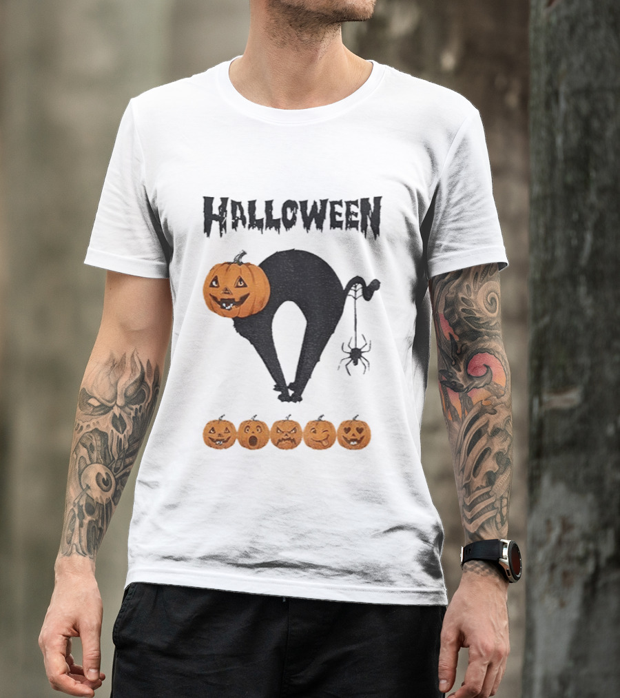 Halloween Pumpkin Cat Black Spider Five Jack O' Lanterns T-Shirt