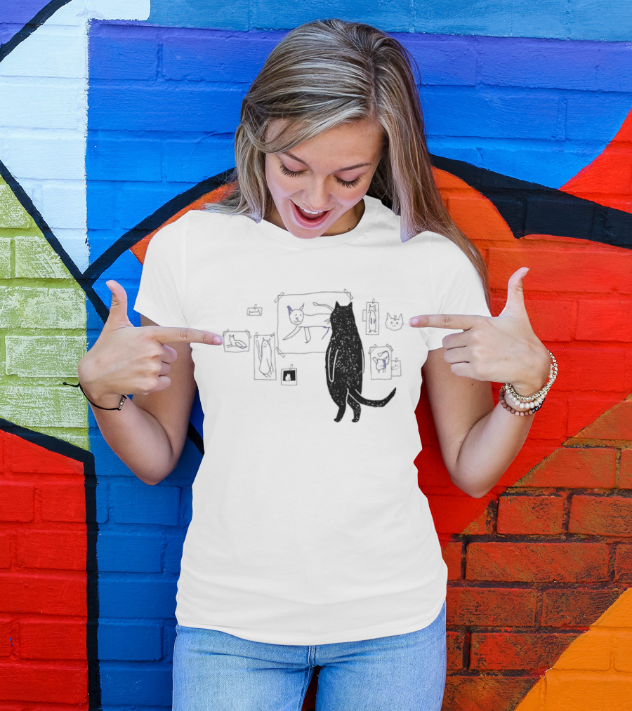 Black Cat Standing Looking At Sketches Line Drawing Wall Gallery T-Shirt