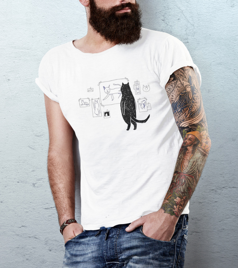 Black Cat Standing Looking At Sketches Line Drawing Wall Gallery T-Shirt