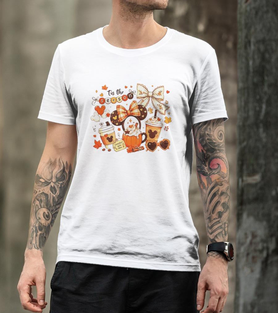 Tis The Season Disney Pumpkin Spice Autumn Coffee Ears And Bows T-Shirt