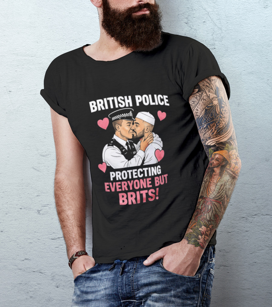 British Police Protecting Everyone But Brits Kissing Illustration With Hearts T-Shirt