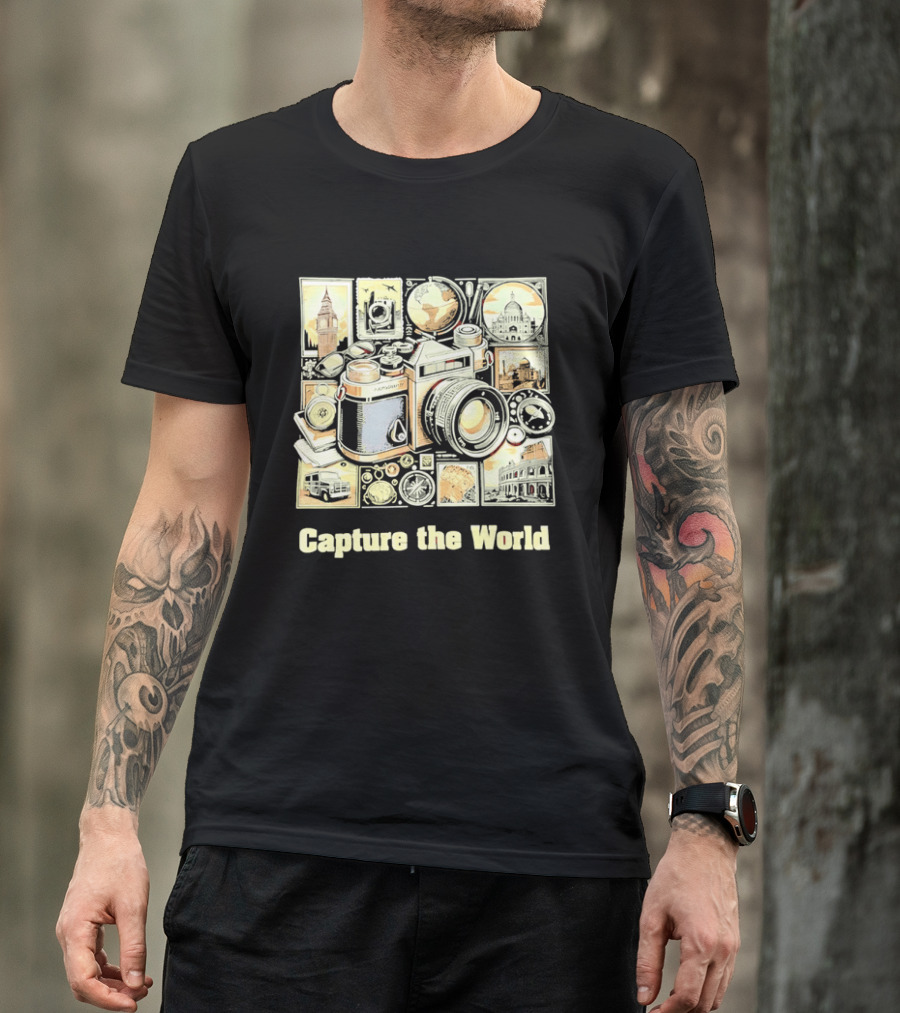 Capture The World Camera Globe Travel Landmarks Compass T-Shirt