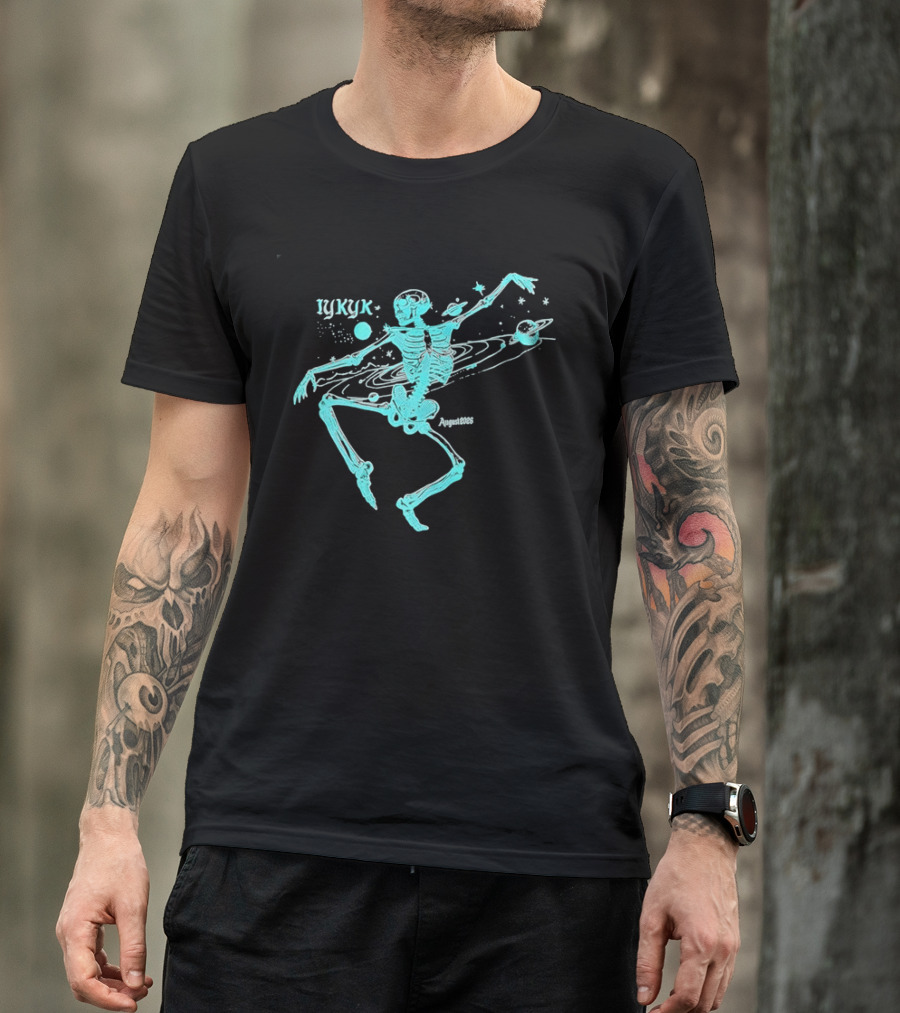 Iykyk August 2026 Cyan Dancing Skeleton With Space Orbit Sketch T-Shirt