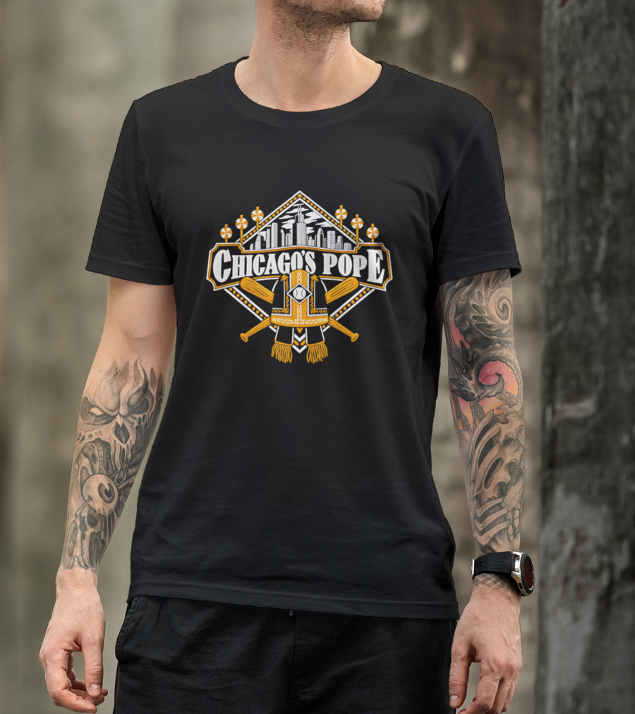 Chicago's Pope Baseball Crossed Bats City Skyline T-Shirt