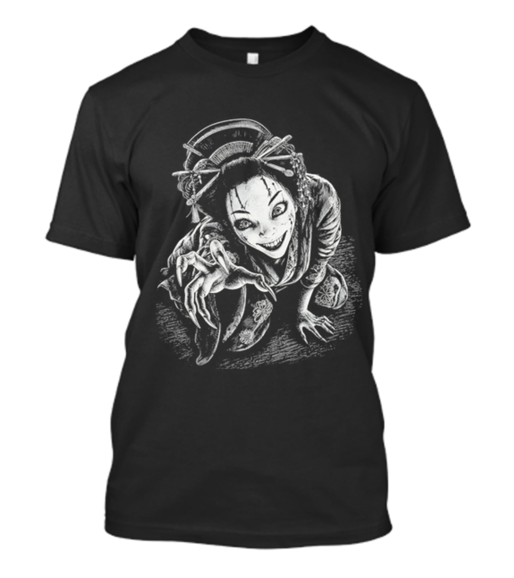 Creepy Demonic Yokai Geisha Crawling Sharp Claws Drawing T-Shirt