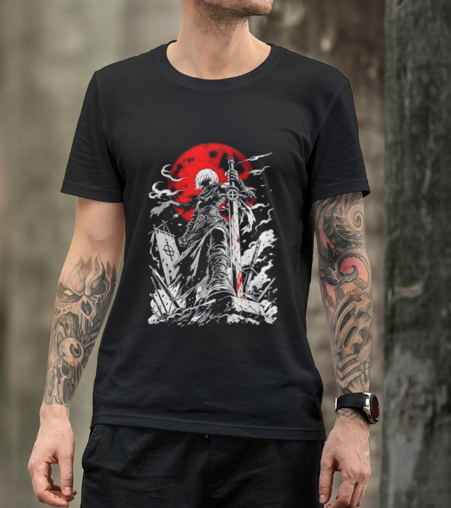 Dark Fantasy Warrior Bloody Sword Red Moon Battlefield Epic Scene T-Shirt