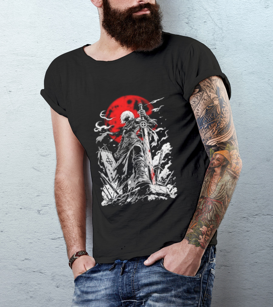Dark Fantasy Warrior Bloody Sword Red Moon Battlefield Epic Scene T-Shirt