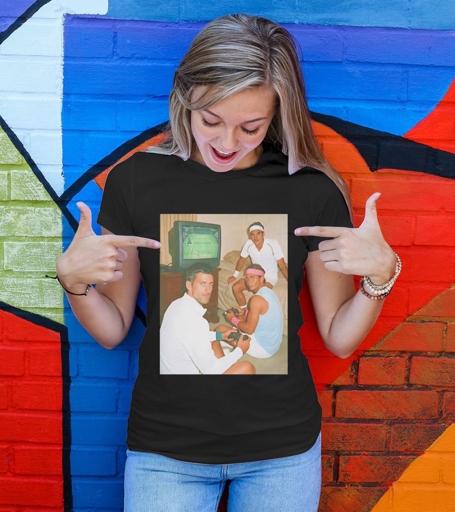 Novak Djokovic Rafael Nadal Roger Federer Playing Tennis Video Game T-Shirt