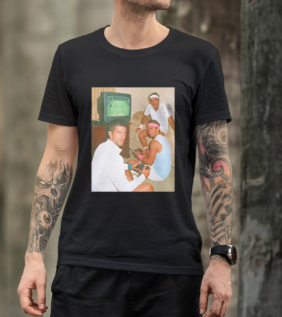 Novak Djokovic Rafael Nadal Roger Federer Playing Tennis Video Game T-Shirt