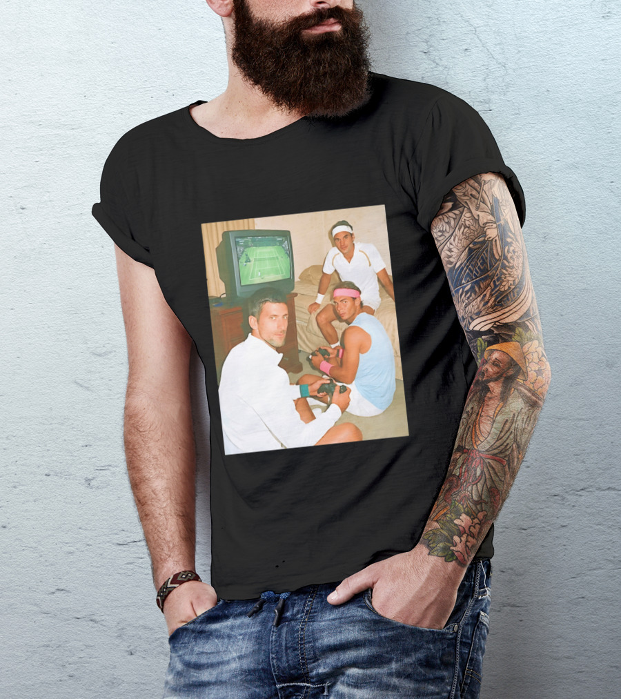 Novak Djokovic Rafael Nadal Roger Federer Playing Tennis Video Game T-Shirt