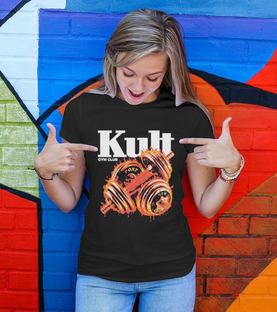 Kult Gym Club Sport Fiery Dumbbells Dripping Lava Distressed T-Shirt