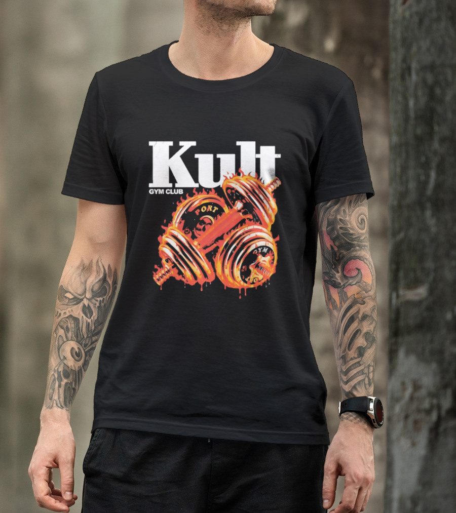 Kult Gym Club Sport Fiery Dumbbells Dripping Lava Distressed T-Shirt