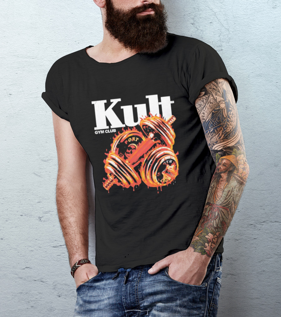 Kult Gym Club Sport Fiery Dumbbells Dripping Lava Distressed T-Shirt