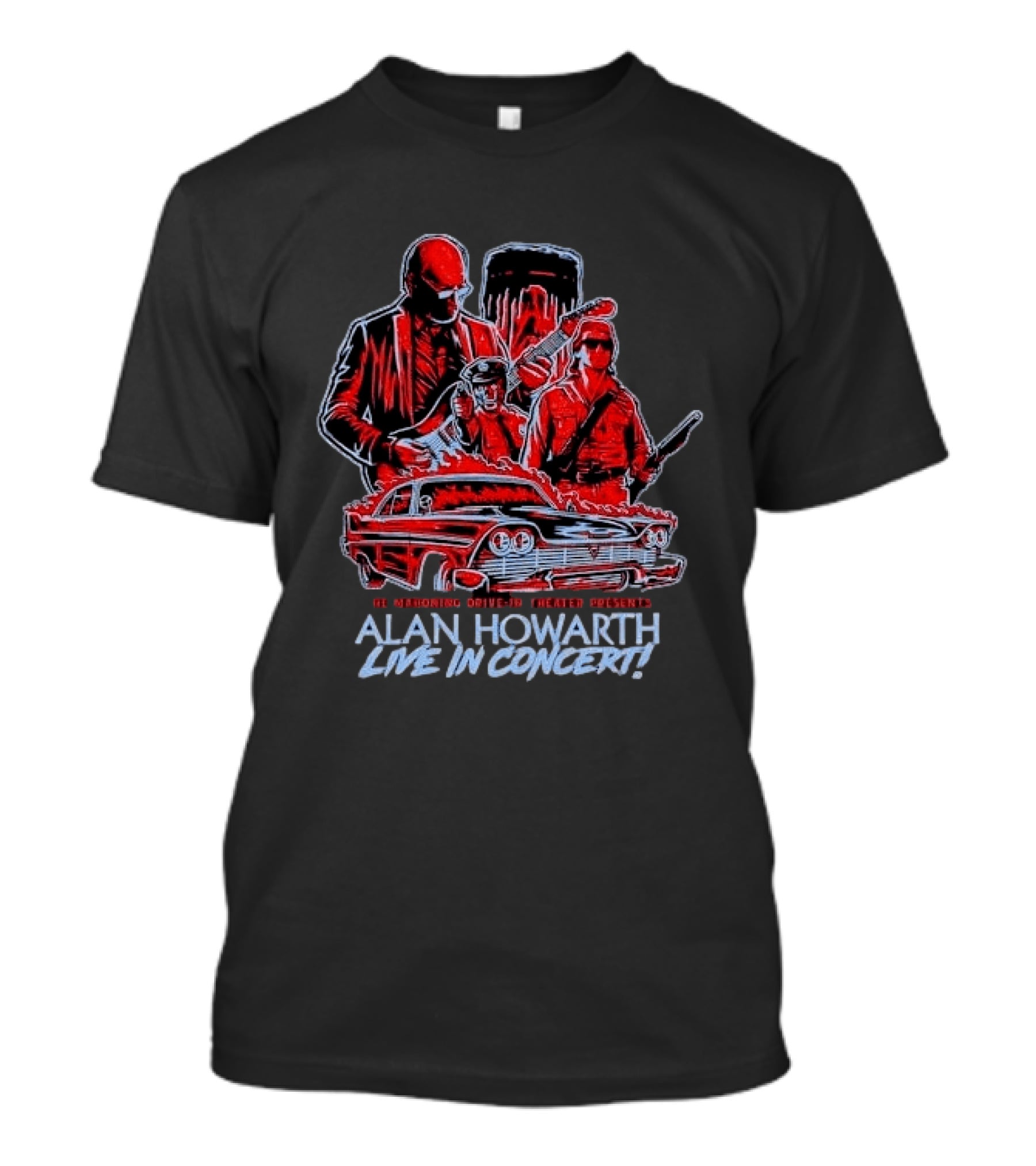 The Mahoning Drive In Theater Presents Alan Howarth Live Concert Horror Characters Flaming Car T-Shirt
