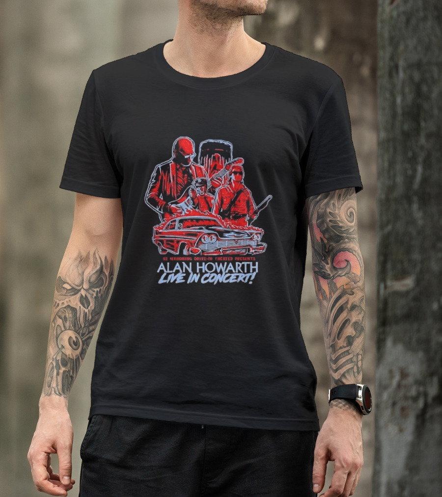The Mahoning Drive In Theater Presents Alan Howarth Live Concert Horror Characters Flaming Car T-Shirt