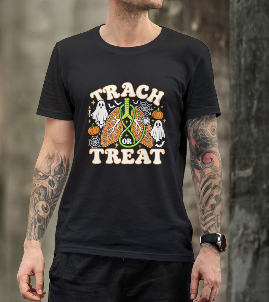 Trach Or Treat Lungs Stethoscope Ghosts Pumpkins Spider Webs Halloween Cartoon T-Shirt