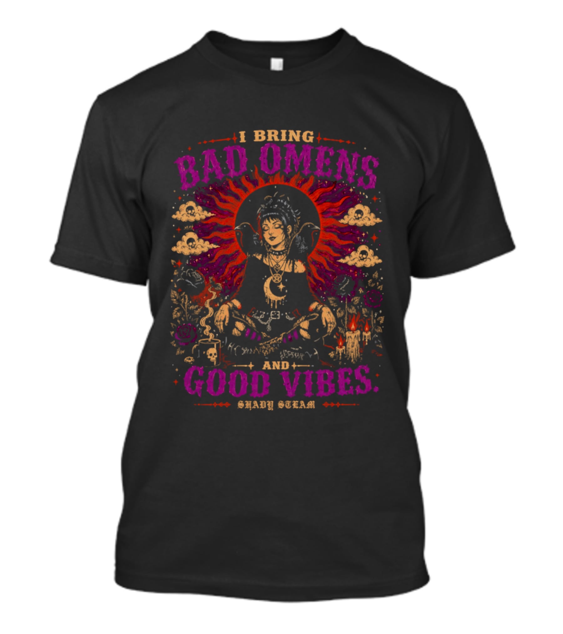 I Bring Bad Omens And Good Vibes Shady Steam Buddha Art Clouds Flowers Fire Asian Sunburst Fantasy T-Shirt