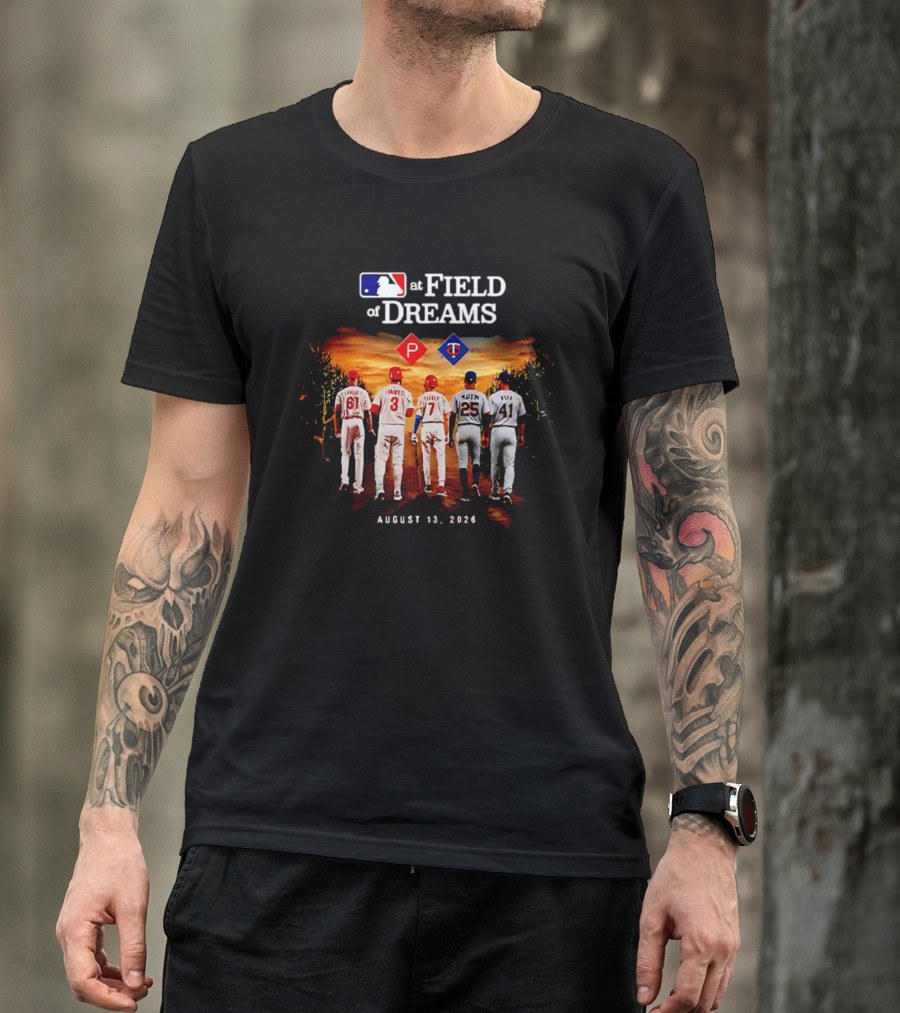 MLB At Field Of Dreams August 13 2026 Philadelphia Minnesota Players Walking Into Cornfield T-Shirt