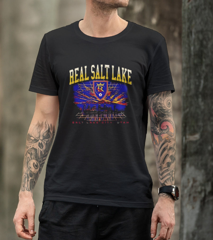 Real Salt Lake City Utah Skyline Crest Sunset Grid Distressed T-Shirt