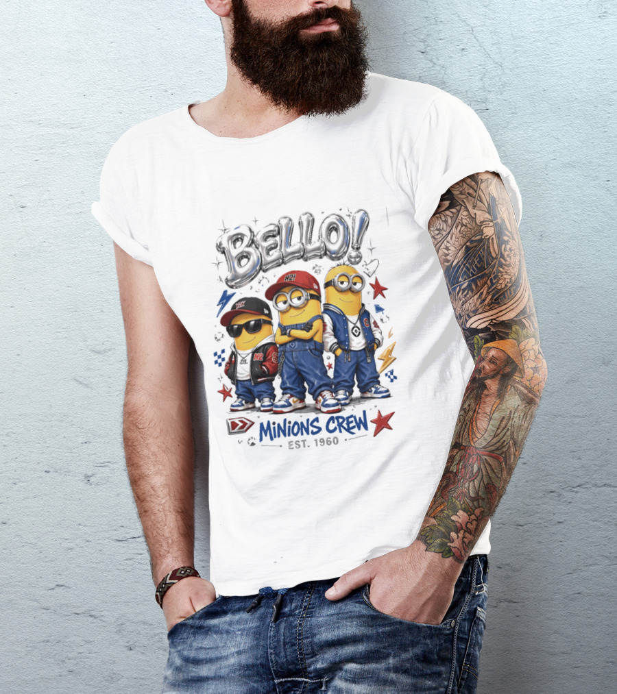 Bello Minions Crew Est 1960 Hip Hop Style Graphic With Stars And Lightning Bolts T-Shirt